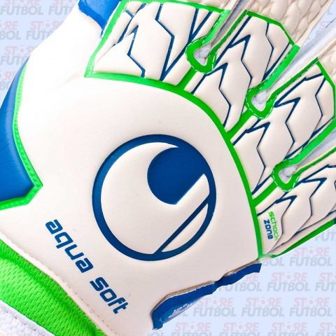 Guantes Uhlsport Eliminator Aquasoft en azul y blanco detalle diseño dorsal