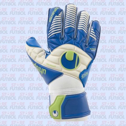 Guantes Uhlsport Eliminator Aquasoft en azul y blanco detalle dorsal