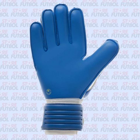 Detalle de la palma de la mano del guante Uhlsport Eliminator Aquasoft en azul y blanco