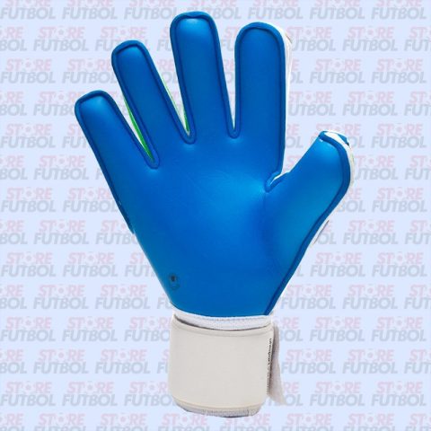 Detalle de la palma de la mano de los guantes Uhlsport Ergonomic Aquasoft en azul y blanco